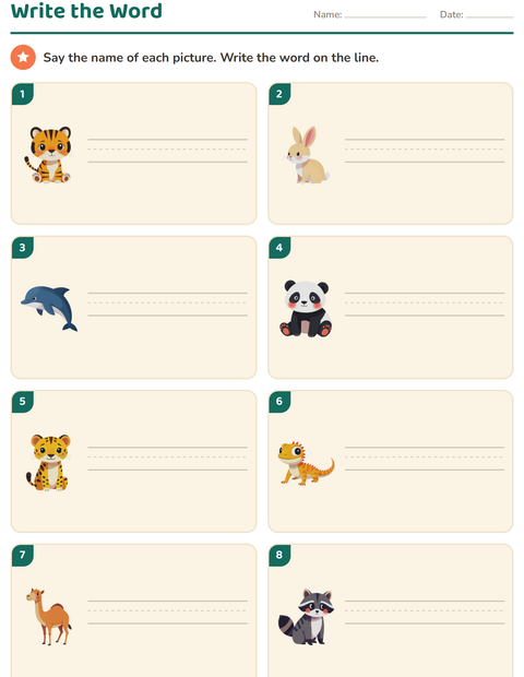 Preview of Write the Word worksheet featuring Animals for grade 1
