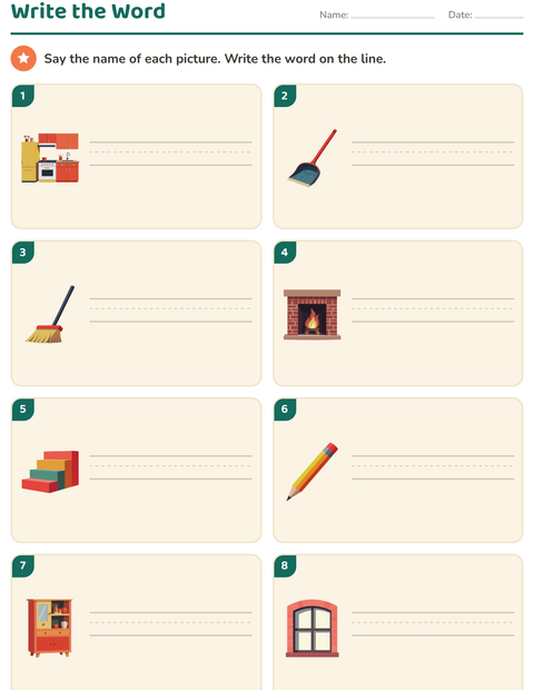 Preview of Write the Word worksheet featuring Around the House for grade 1