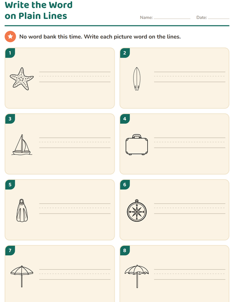 Preview of Write the Word worksheet featuring Beach BW for grade 1