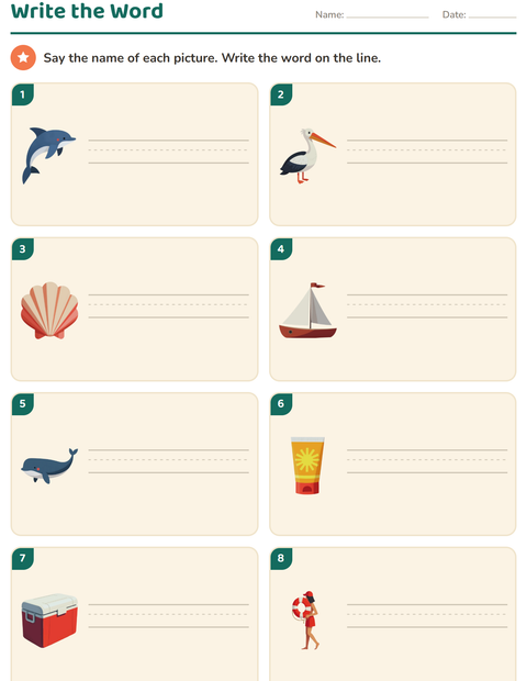 Preview of Write the Word worksheet featuring Beach for grade 1