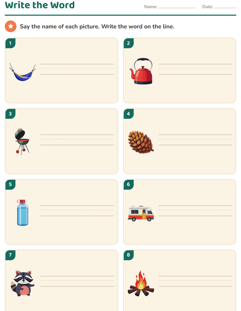 Preview of Write the Word worksheet featuring Camping for grade 1
