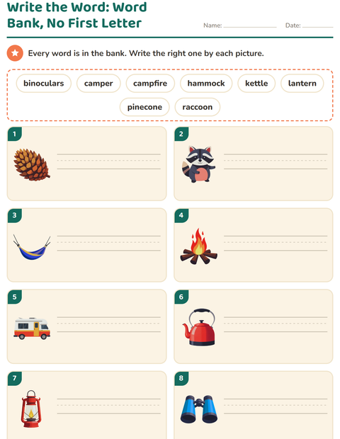 Preview of Write the Word worksheet featuring Camping for grade 1