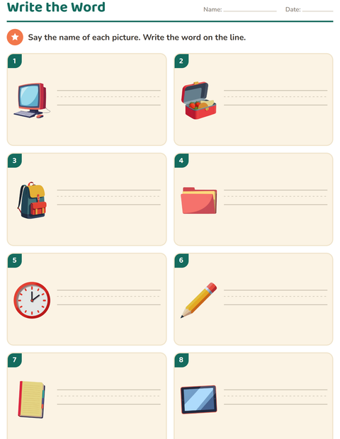 Preview of Write the Word worksheet featuring Classroom for grade 1