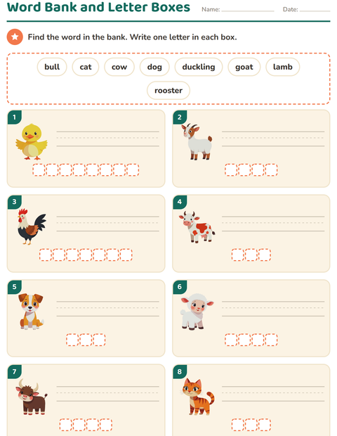 Preview of Write the Word worksheet featuring Farm Animals for grade 1