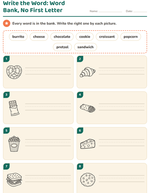 Preview of Write the Word worksheet featuring Food BW for grade 1