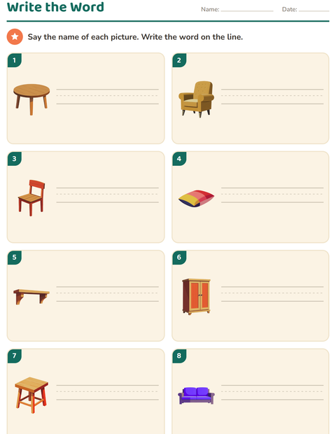Preview of Write the Word worksheet featuring Furniture for grade 1