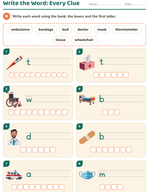Preview of Write the Word worksheet featuring Hospital for grade 1