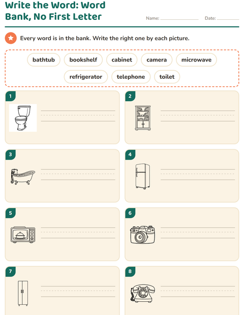 Preview of Write the Word worksheet featuring Household BW for grade 1