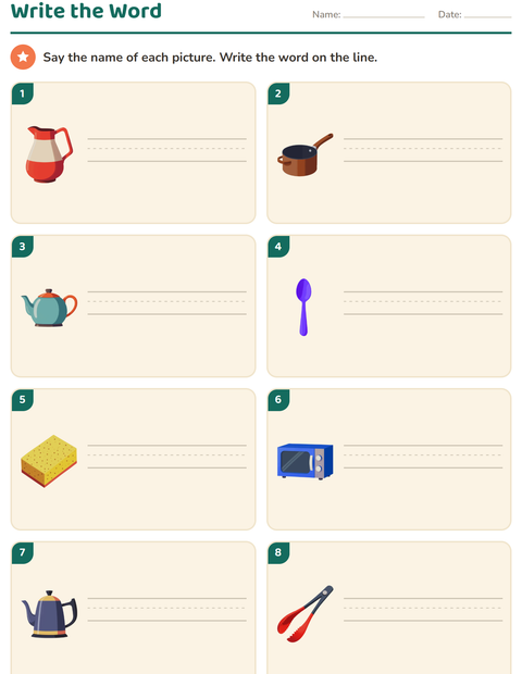 Preview of Write the Word worksheet featuring Kitchen Tools for grade 1