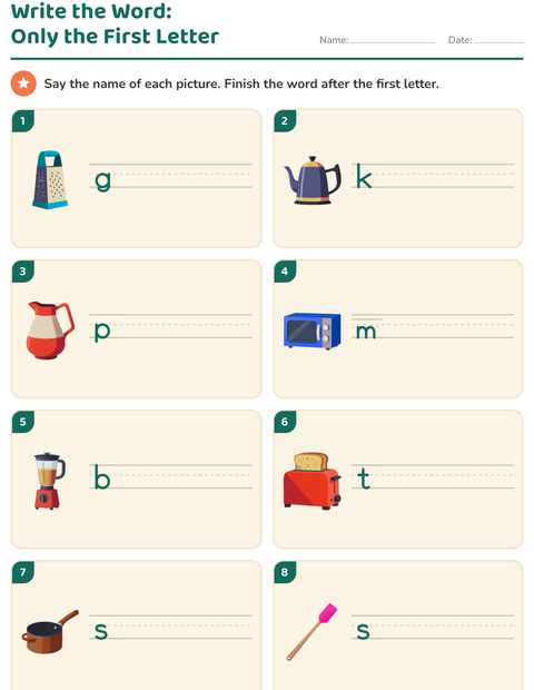 Preview of Write the Word worksheet featuring Kitchen Tools for grade 1