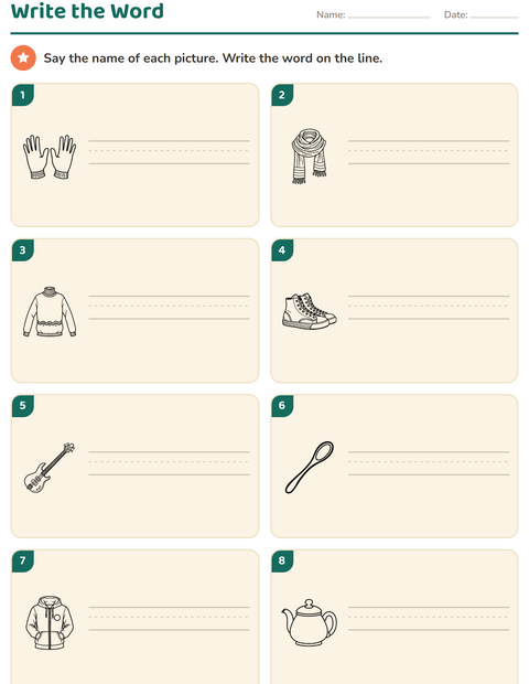 Preview of Write the Word worksheet featuring Objects BW for grade 1