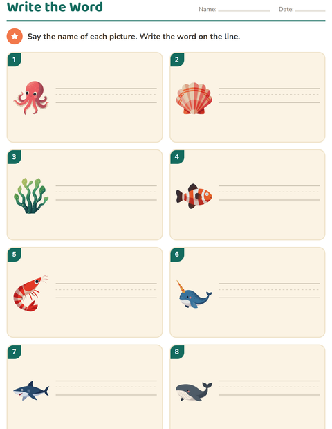 Preview of Write the Word worksheet featuring Ocean Life for grade 1
