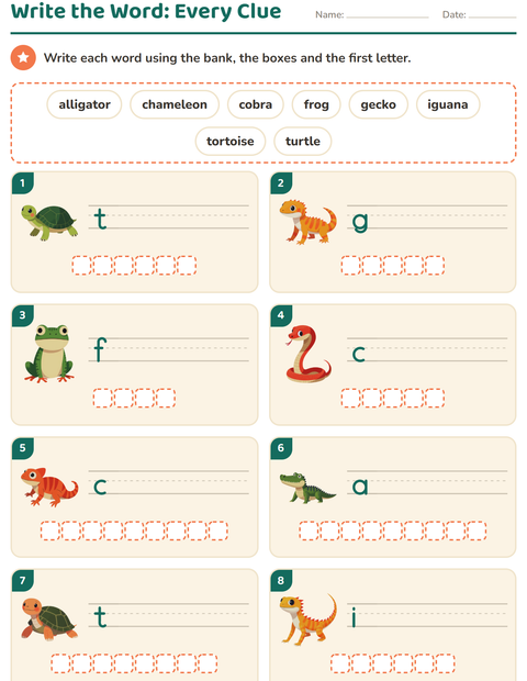 Preview of Write the Word worksheet featuring Reptiles and Amphibians for grade 1