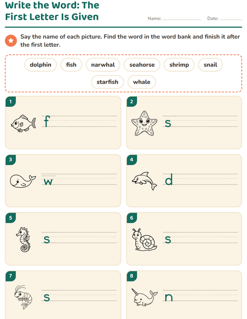 Preview of Write the Word worksheet featuring Sea Life BW 2 for grade 1