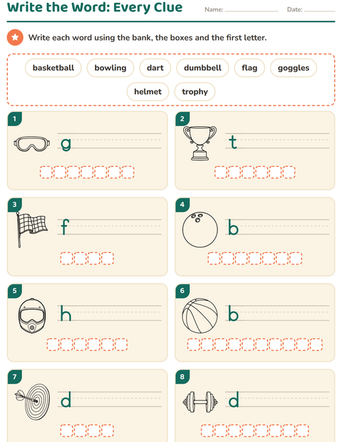 Preview of Write the Word worksheet featuring Sports BW for grade 1