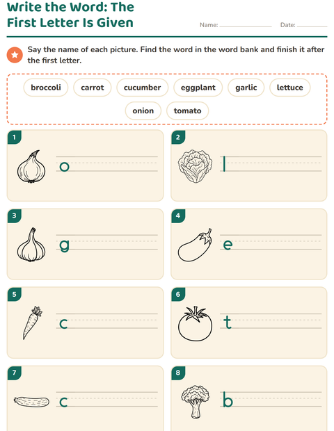 Preview of Write the Word worksheet featuring Vegetables BW for grade 1