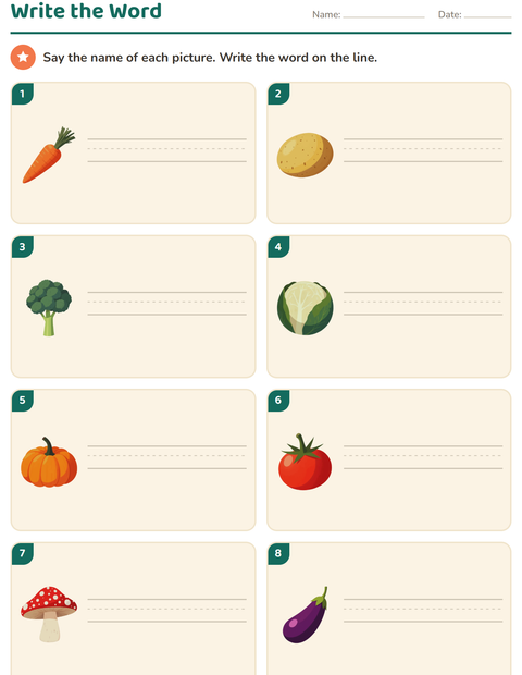 Preview of Write the Word worksheet featuring Vegetables for grade 1