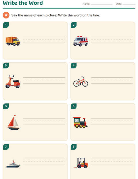 Preview of Write the Word worksheet featuring Vehicles for grade 1
