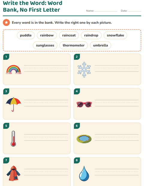 Preview of Write the Word worksheet featuring Weather for grade 1