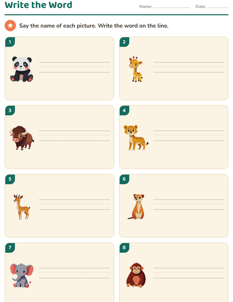 Preview of Write the Word worksheet featuring Zoo Animals for grade 1
