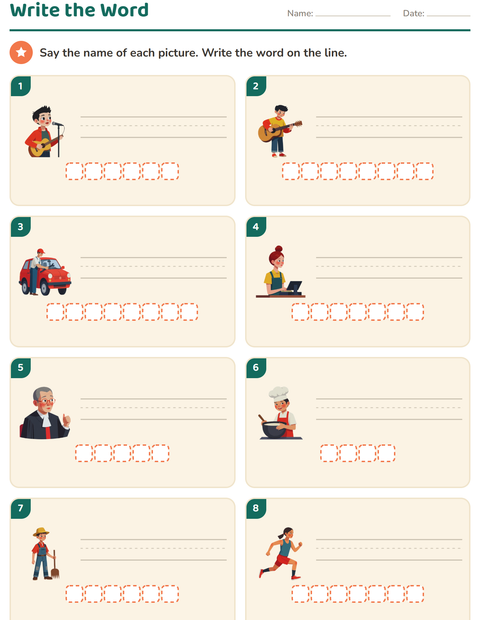 Preview of Write the Word worksheet featuring Occupations for grade 1