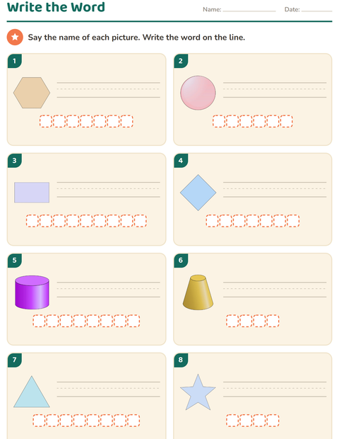 Preview of Write the Word worksheet featuring Shapes for grade 1