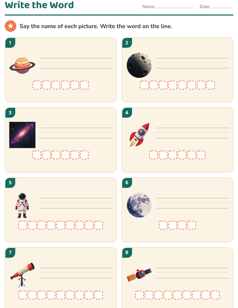 Preview of Write the Word worksheet featuring Space for grade 1