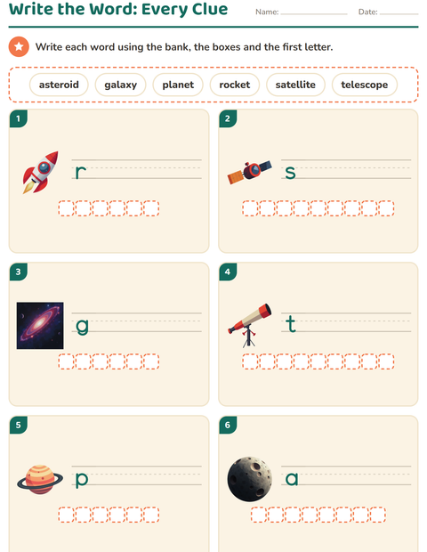 Preview of Write the Word worksheet featuring Space for grade 1