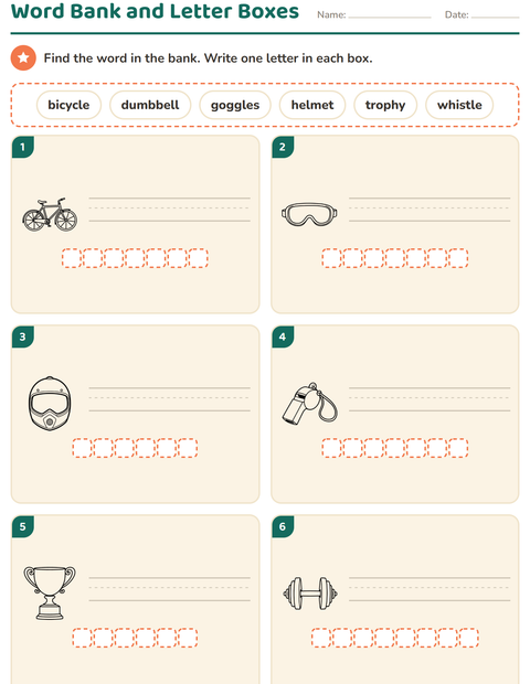 Preview of Write the Word worksheet featuring Sports BW for grade 1