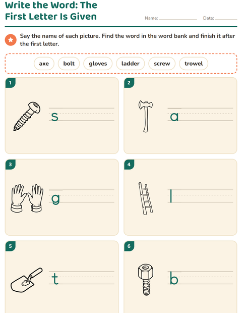 Preview of Write the Word worksheet featuring Tools BW for grade 1
