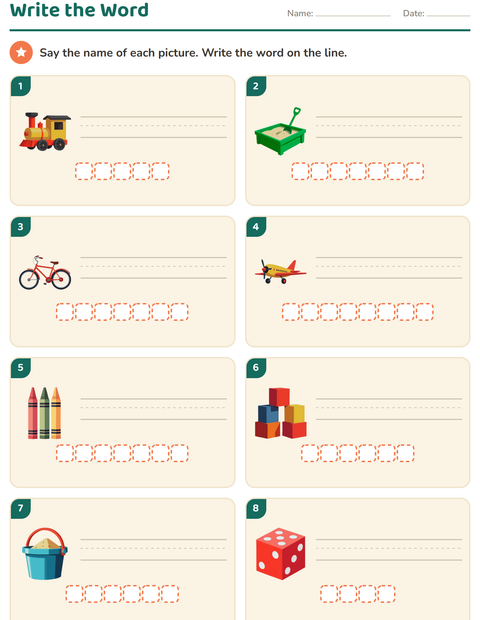 Preview of Write the Word worksheet featuring Toys for grade 1