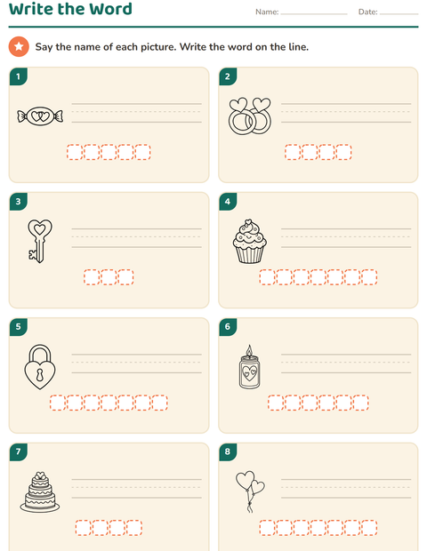 Preview of Write the Word worksheet featuring Valentine BW for grade 1