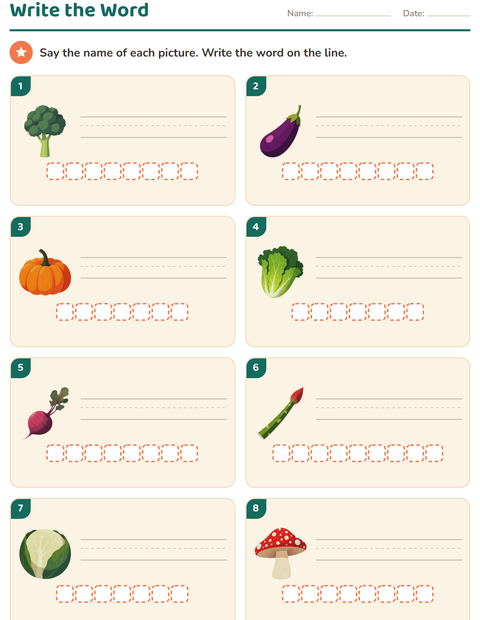 Preview of Write the Word worksheet featuring Vegetables for grade 1