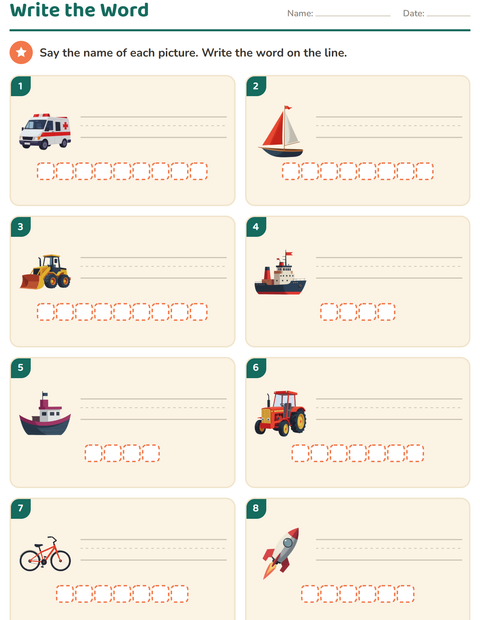 Preview of Write the Word worksheet featuring Vehicles for grade 1