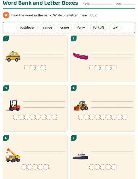 Word Bank and Letter Boxes — Vehicles