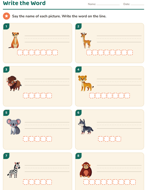 Preview of Write the Word worksheet featuring Zoo Animals for grade 1