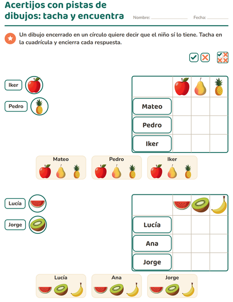 Vista previa de la hoja de Acertijos de lógica con Frutas para grado 1