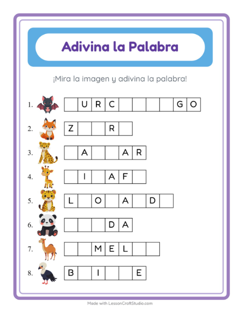 Vista previa de la hoja de Adivina La Palabra con Animales para jardín infantil