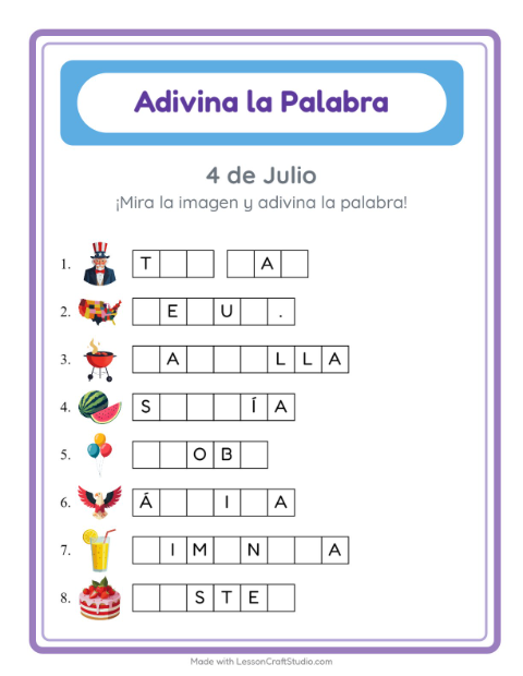 Vista previa de la hoja de Adivina La Palabra con 4 de Julio para jardín infantil