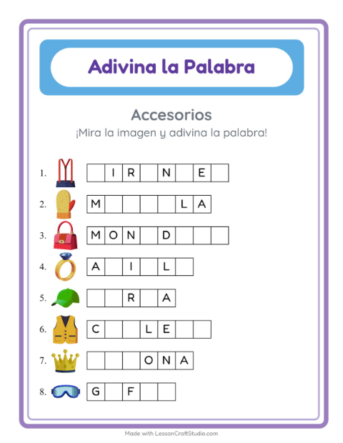 Vista previa de la hoja de Adivina La Palabra con Accesorios para jardín infantil