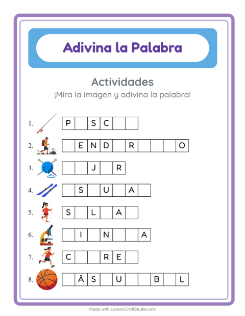 Vista previa de la hoja de Adivina La Palabra con Actividades para jardín infantil