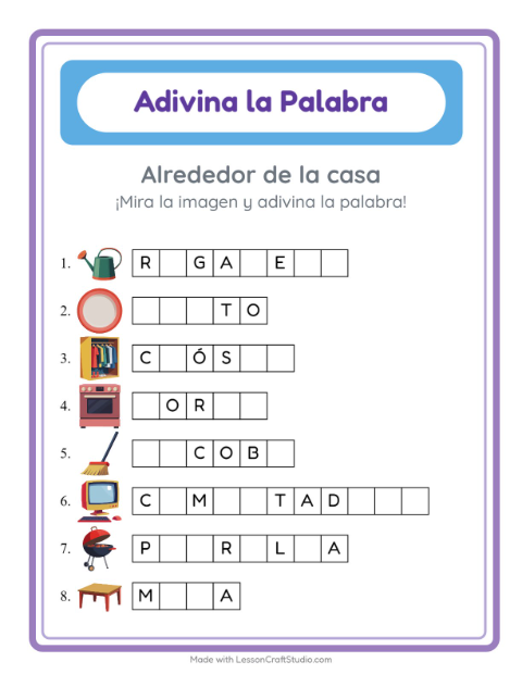 Vista previa de la hoja de Adivina La Palabra con Alrededor de la casa para jardín infantil