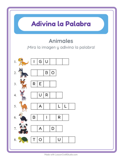 Vista previa de la hoja de Adivina La Palabra con Animales para jardín infantil