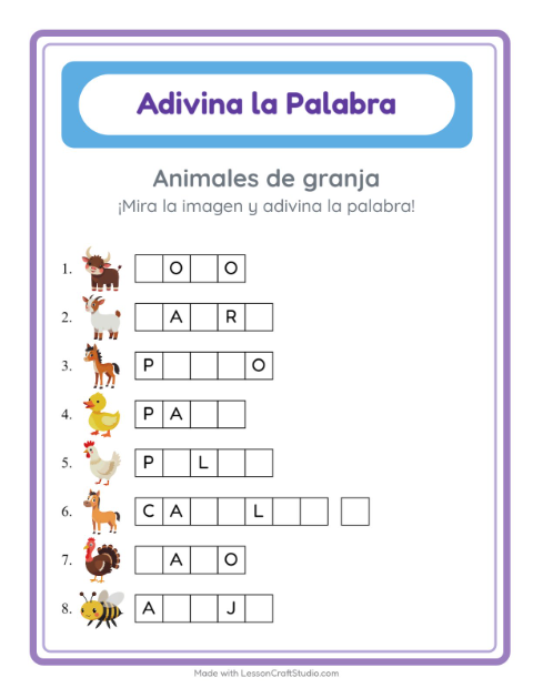 Vista previa de la hoja de Adivina La Palabra con Animales de granja para jardín infantil