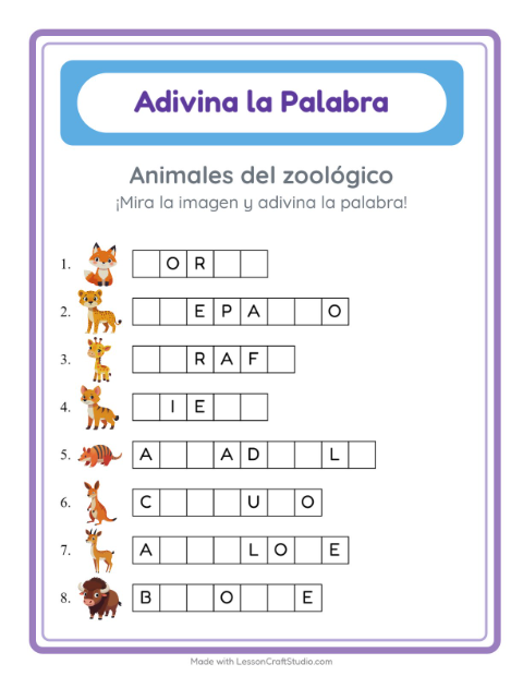 Vista previa de la hoja de Adivina La Palabra con Animales del zoológico para jardín infantil