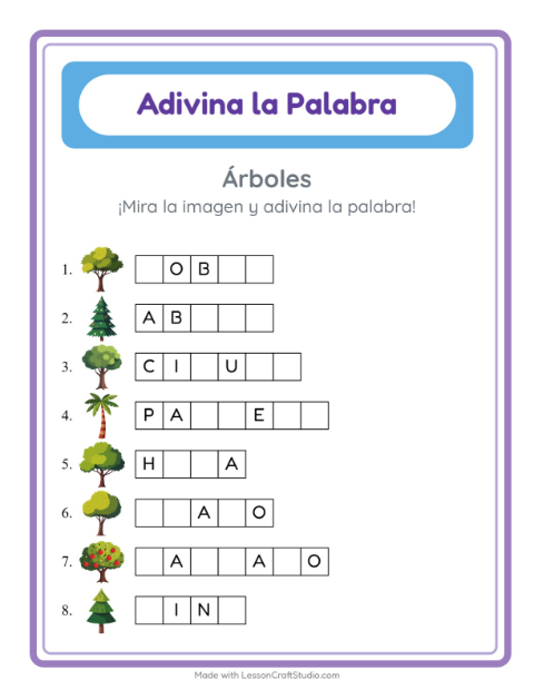 Vista previa de la hoja de Adivina La Palabra con Árboles para jardín infantil
