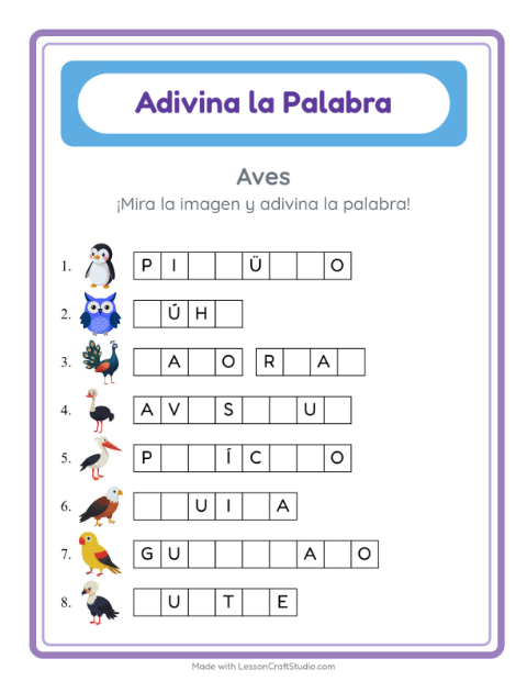 Vista previa de la hoja de Adivina La Palabra con Aves para jardín infantil