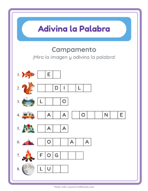 Vista previa de la hoja de Adivina La Palabra con Campamento para jardín infantil