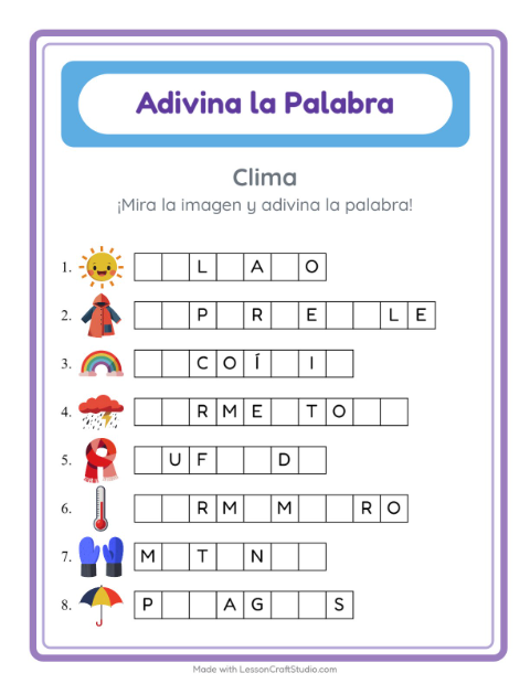 Vista previa de la hoja de Adivina La Palabra con Clima para jardín infantil