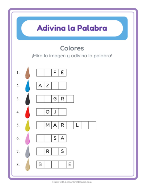 Vista previa de la hoja de Adivina La Palabra con Colores para jardín infantil